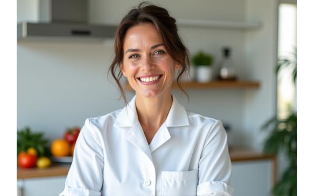 Ritratto sorridente della Dottoressa Elena Rossi, donna di circa 38 anni, in camice bianco, trasmettendo fiducia.