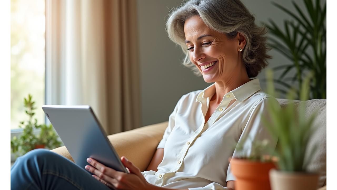 Donna sorridente che sfoglia un tablet mostrando un programma di benessere personalizzato, con elementi naturali e tecnologia.